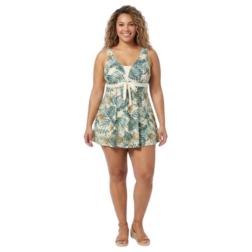 Ecupper Tropical Palm Leaf Swim Dress built-in Shorts Green Cream 4XL NEW